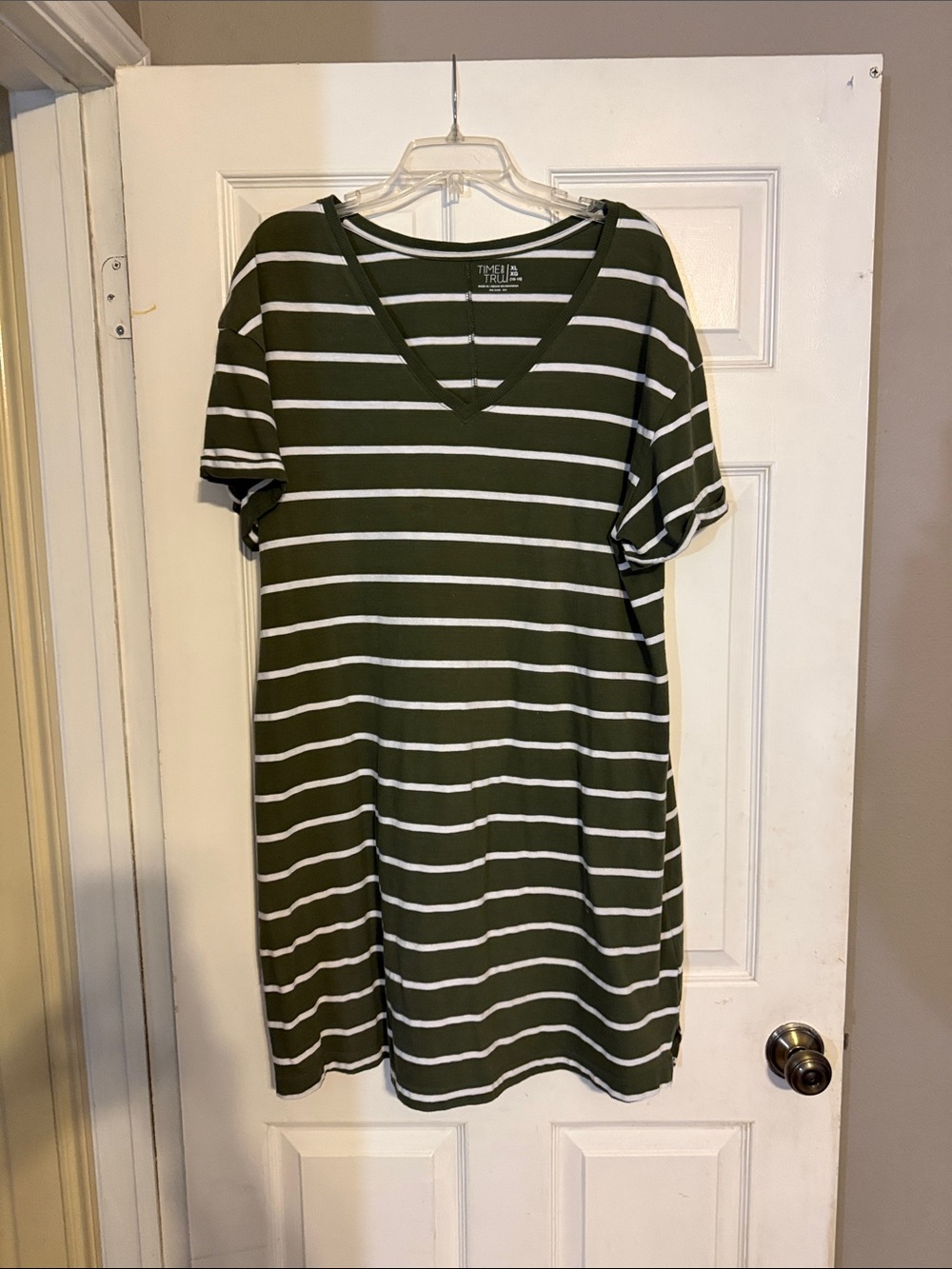 Time and Tru Olive Green & White Striped V-Neck Dress